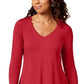 JM Women's Collection Top com decote em V e bainha em lenço, vermelho, tamanho extra pequeno