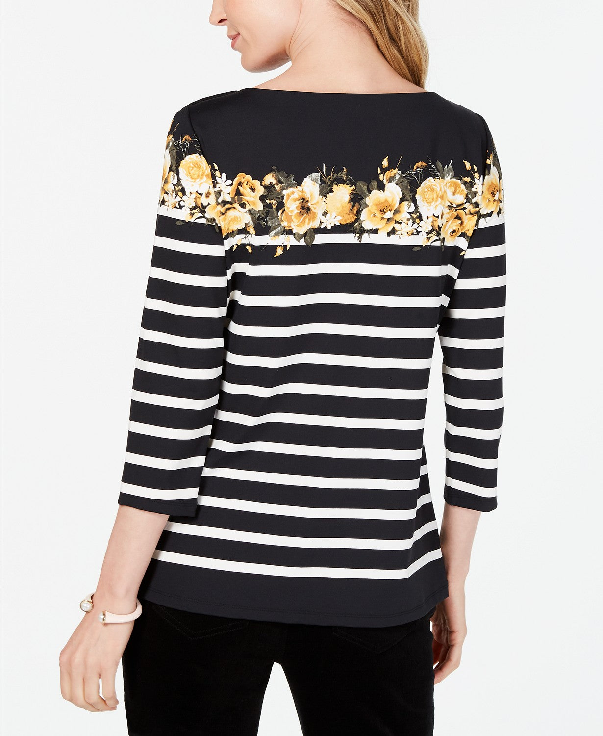 Charter Club Top feminino listrado com estampa floral, tamanho médio, preto