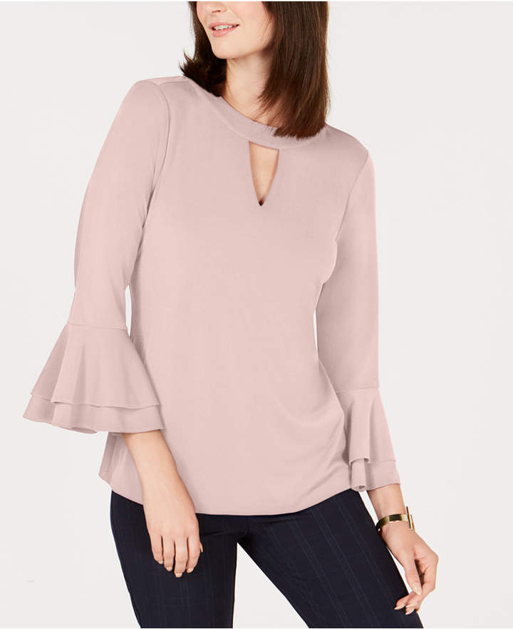 Top feminino Charter Club com manga sino e decote em V, rosa, tamanho médio