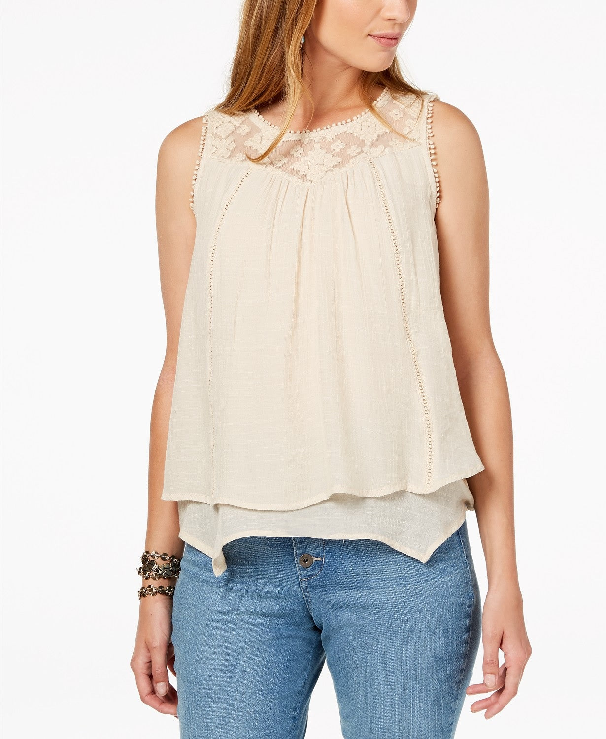 Top feminino estilo &amp; co, pequeno, com bainha em camadas e acabamento em renda, creme brule, tamanho pequeno médio