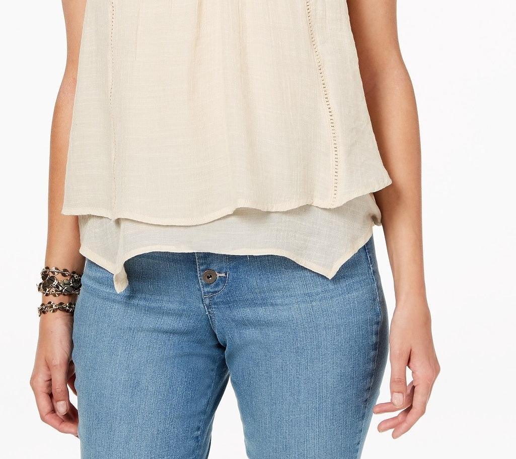 Top feminino estilo &amp; co, pequeno, com bainha em camadas e acabamento em renda, creme brule, tamanho pequeno médio