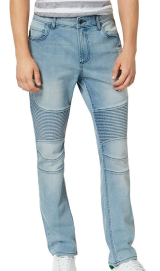 Calça jeans masculina American Rag Slim Fit Stretch Destroyed Moto Azul Tamanho 36X34