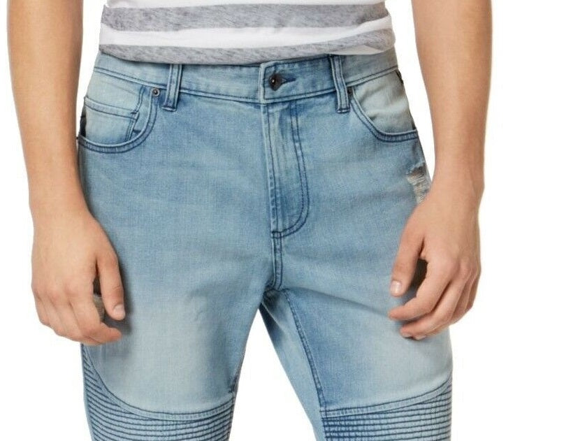 Calça jeans masculina American Rag Slim Fit Stretch Destroyed Moto Azul Tamanho 36X34