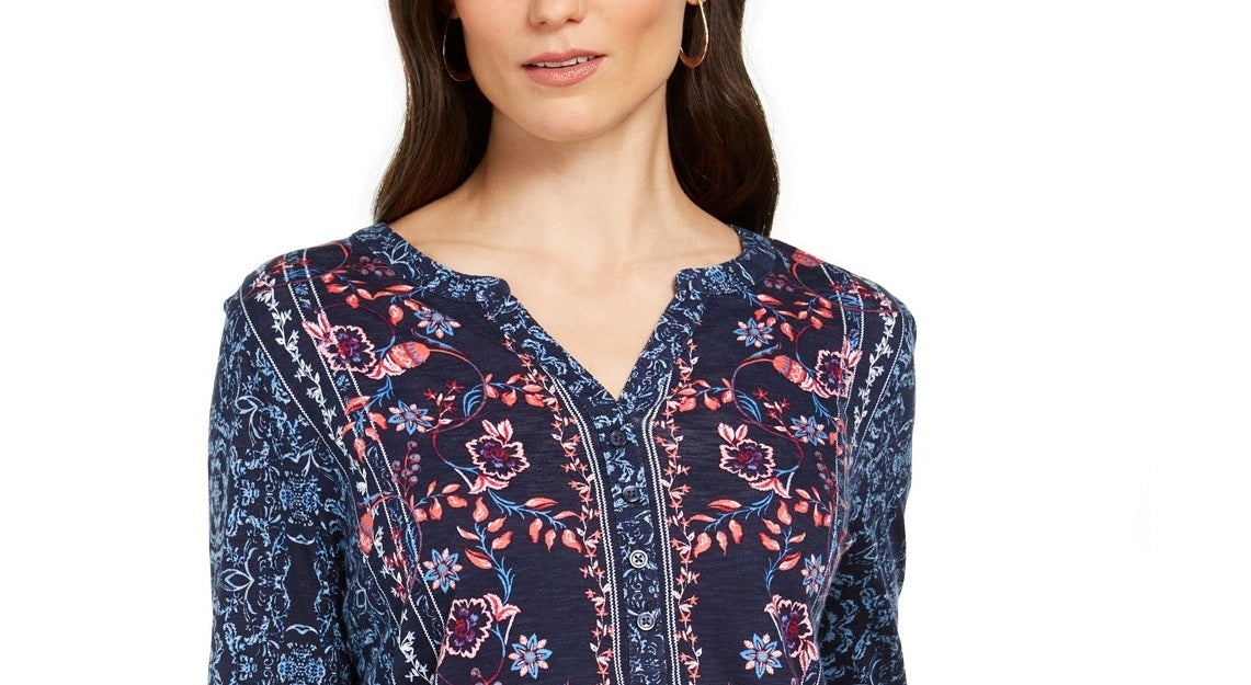 Blusa feminina pequena estampada estilo &amp; co com mangas dobradas Folk Still Water tamanho médio