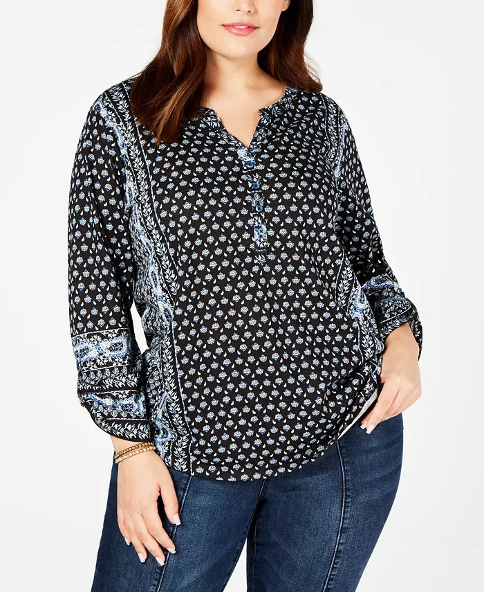Top feminino plus size com estampa e decote aberto, preto, tamanho extra grande, da Style &amp; Co