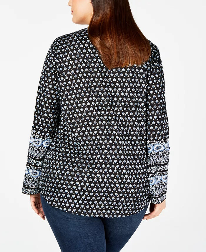 Top feminino plus size com estampa e decote aberto, preto, tamanho extra grande, da Style &amp; Co