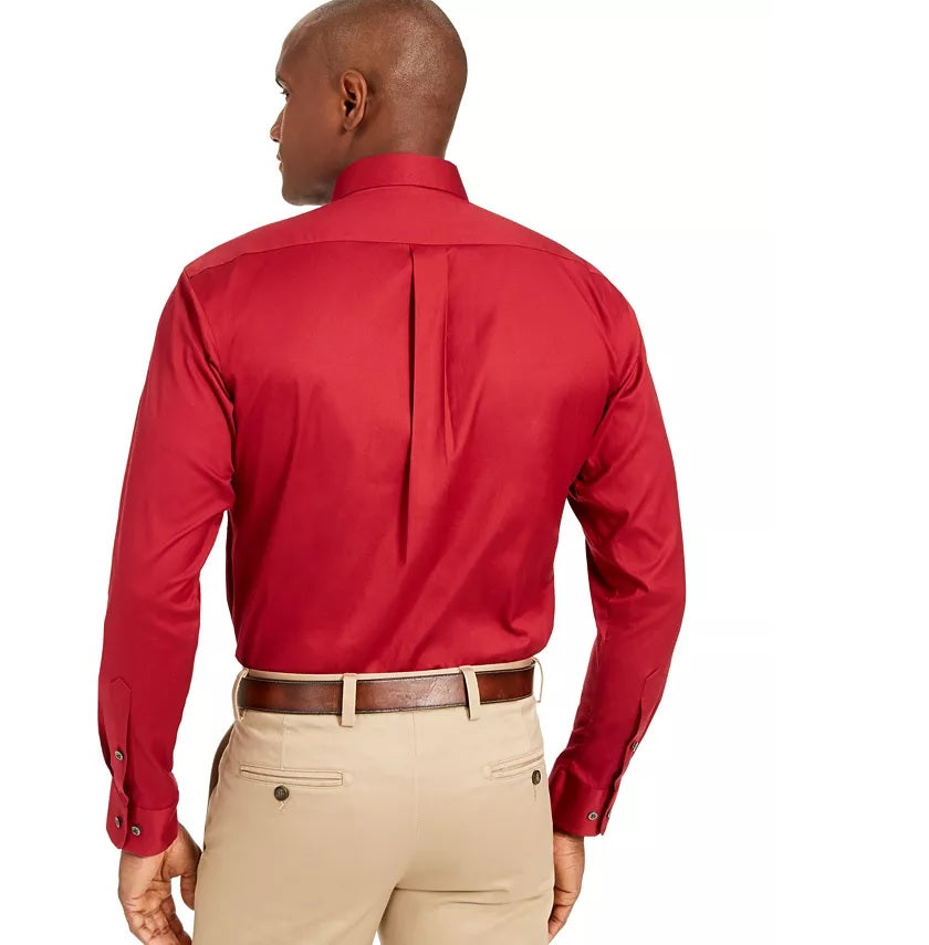 Camisa social masculina Club Room Classic/Regular Fit Stretch, lisa, resistente a rugas, vermelha, tamanho 16-32-33