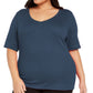 Karen Scott Top feminino plus size de algodão com decote em V, azul-marinho, tamanho 0X