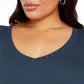 Karen Scott Top feminino plus size de algodão com decote em V, azul-marinho, tamanho 0X