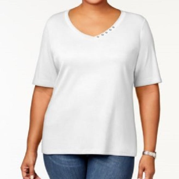 Karen Scott Top feminino plus size de algodão com decote em V, branco, tamanho 2 grande