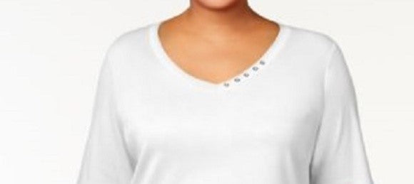 Karen Scott Top feminino plus size de algodão com decote em V, branco, tamanho 2 grande