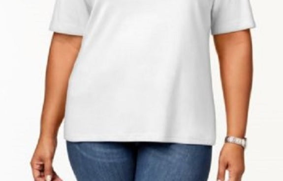 Karen Scott Top feminino plus size de algodão com decote em V, branco, tamanho extra grande