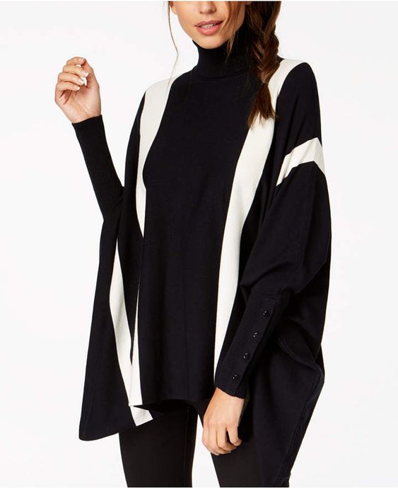 Alfani Suéter Poncho Listrado Feminino Pequeno Preto Tamanho Grande