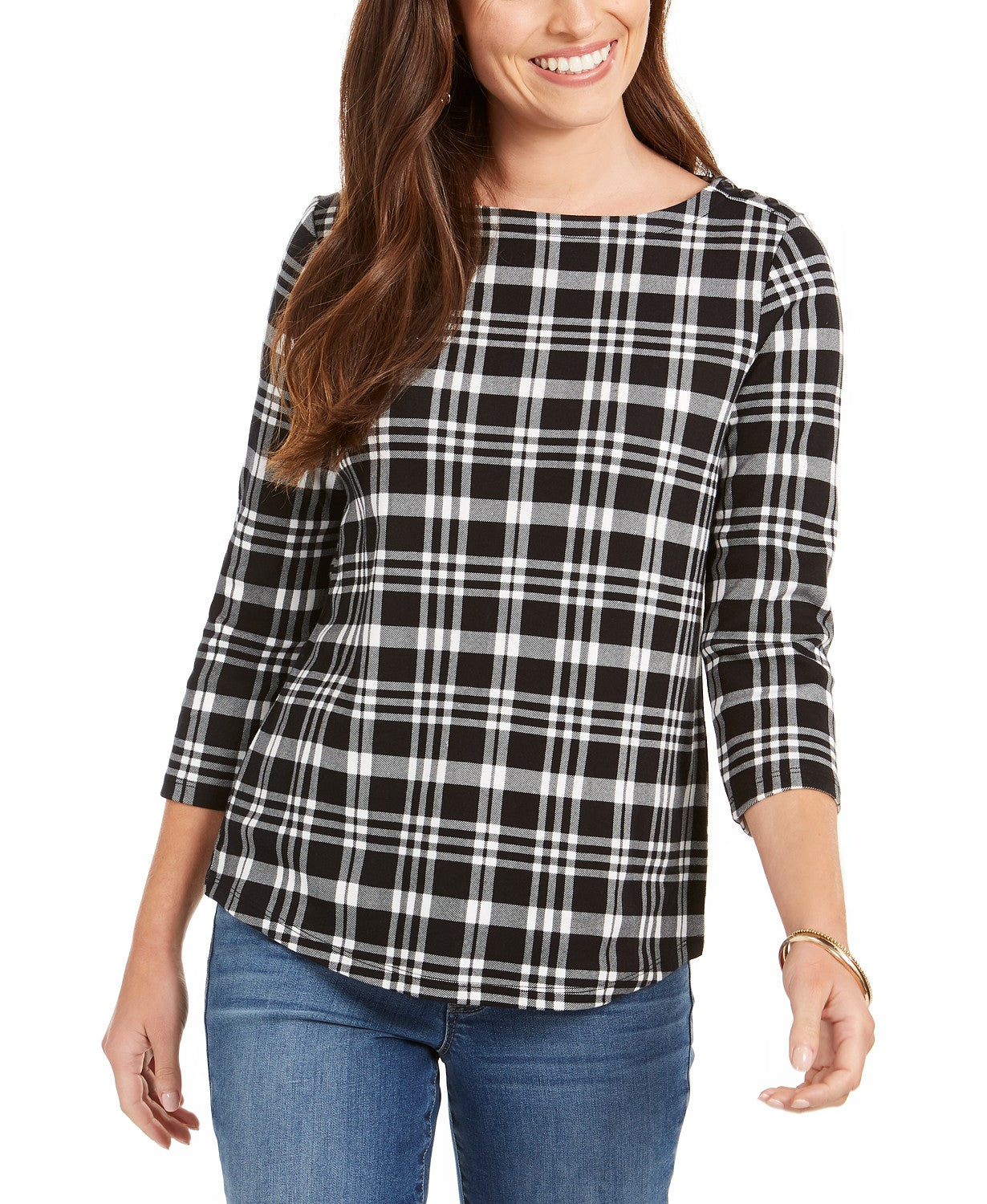 Camiseta feminina xadrez de algodão Charter Club, preta, tamanho pequeno