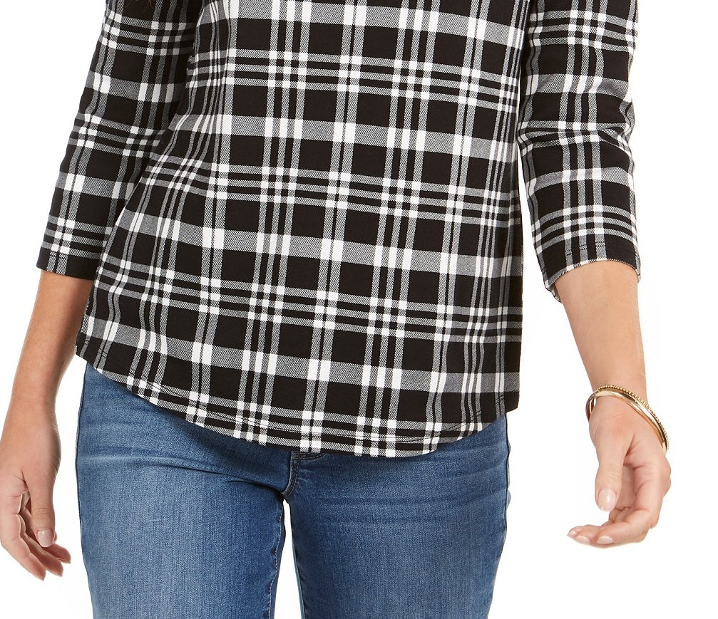 Camiseta feminina xadrez de algodão Charter Club, preta, tamanho pequeno