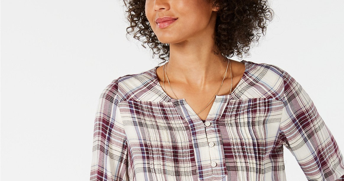 Top xadrez plissado feminino estilo &amp; co tamanho pequeno vermelho