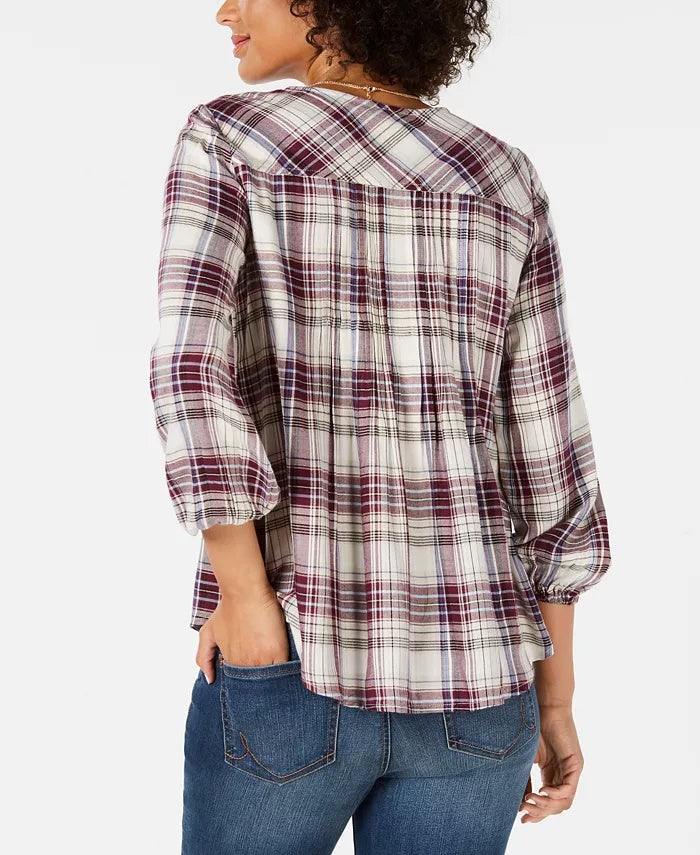 Top xadrez feminino pequeno estilo &amp; co, vermelho, tamanho grande