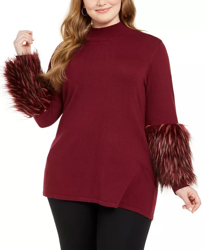 Alfani Suéter túnica plus size feminino com punho de pele sintética e gola alta, vinho, tamanho 2X