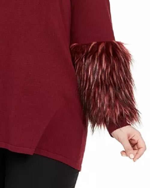 Alfani Suéter túnica plus size feminino com punho de pele sintética e gola alta, vinho, tamanho 2X