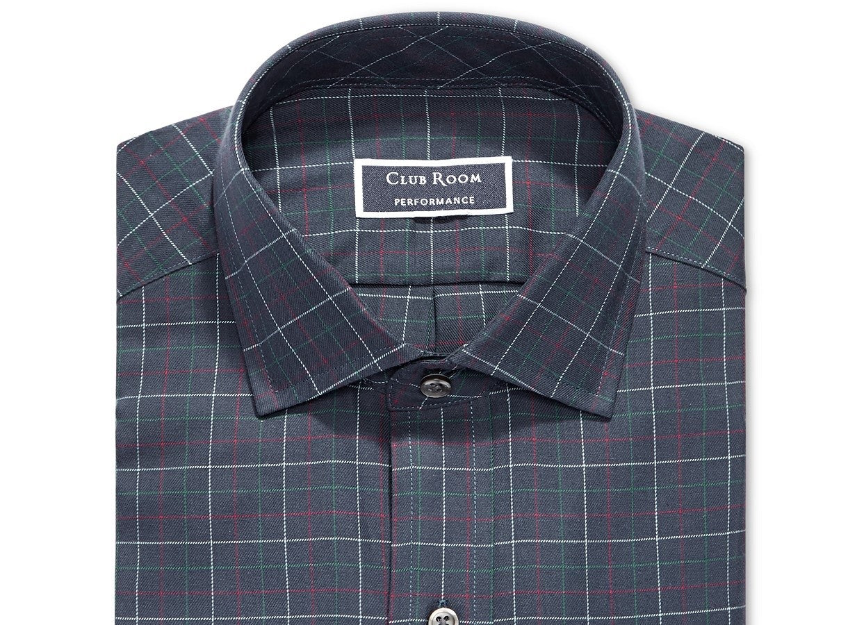 Camisa social masculina Club Room Regular Fit Stretch Twill Multi Tattersall Azul Tamanho 17-34-35