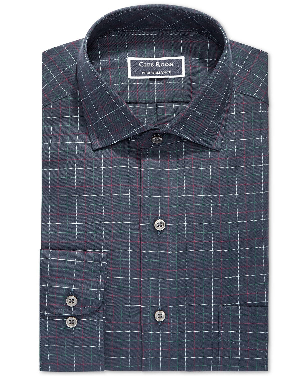 Camisa social masculina Club Room Classic/Regular Fit em sarja elástica multicolorida Tattersall, azul, tamanho 32-33
