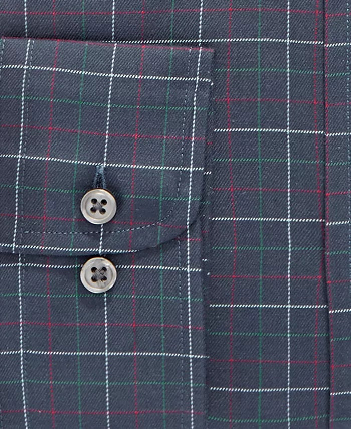 Camisa social masculina Club Room Classic/Regular Fit em sarja elástica multicolorida Tattersall, azul, tamanho 32-33