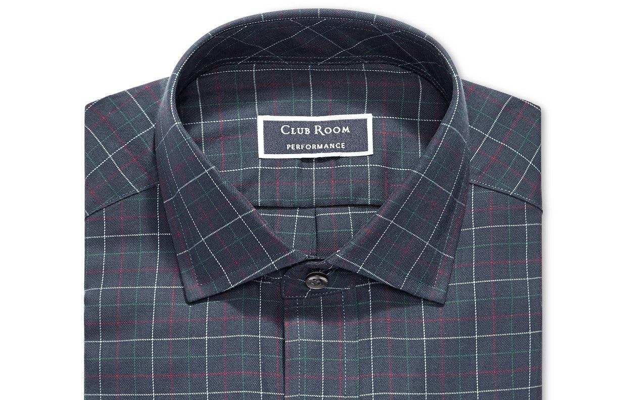 Camisa social masculina Club Room Classic/Regular Fit em sarja elástica multicolorida Tattersall, azul, tamanho 32-33