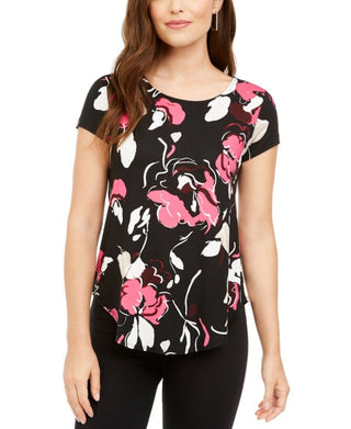 Camiseta feminina Alfani com estampa floral, preta, tamanho médio