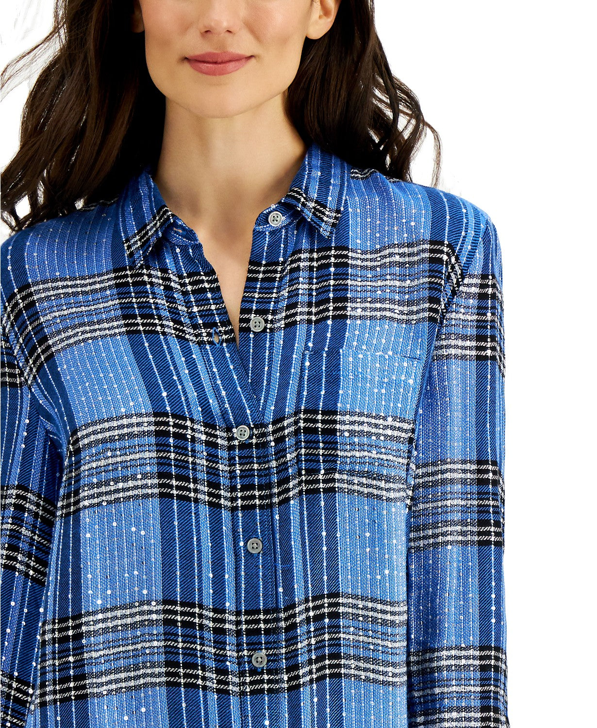 Camisa xadrez brilhante feminina Style &amp; Co, azul, tamanho médio