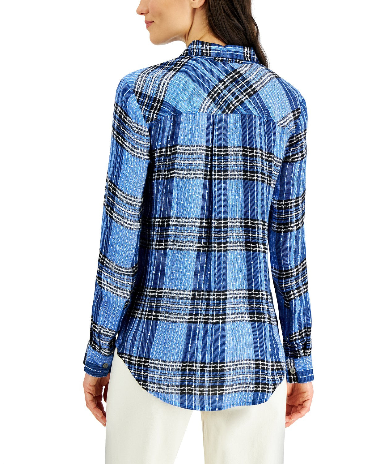 Camisa xadrez brilhante feminina Style &amp; Co, azul, tamanho extra pequeno