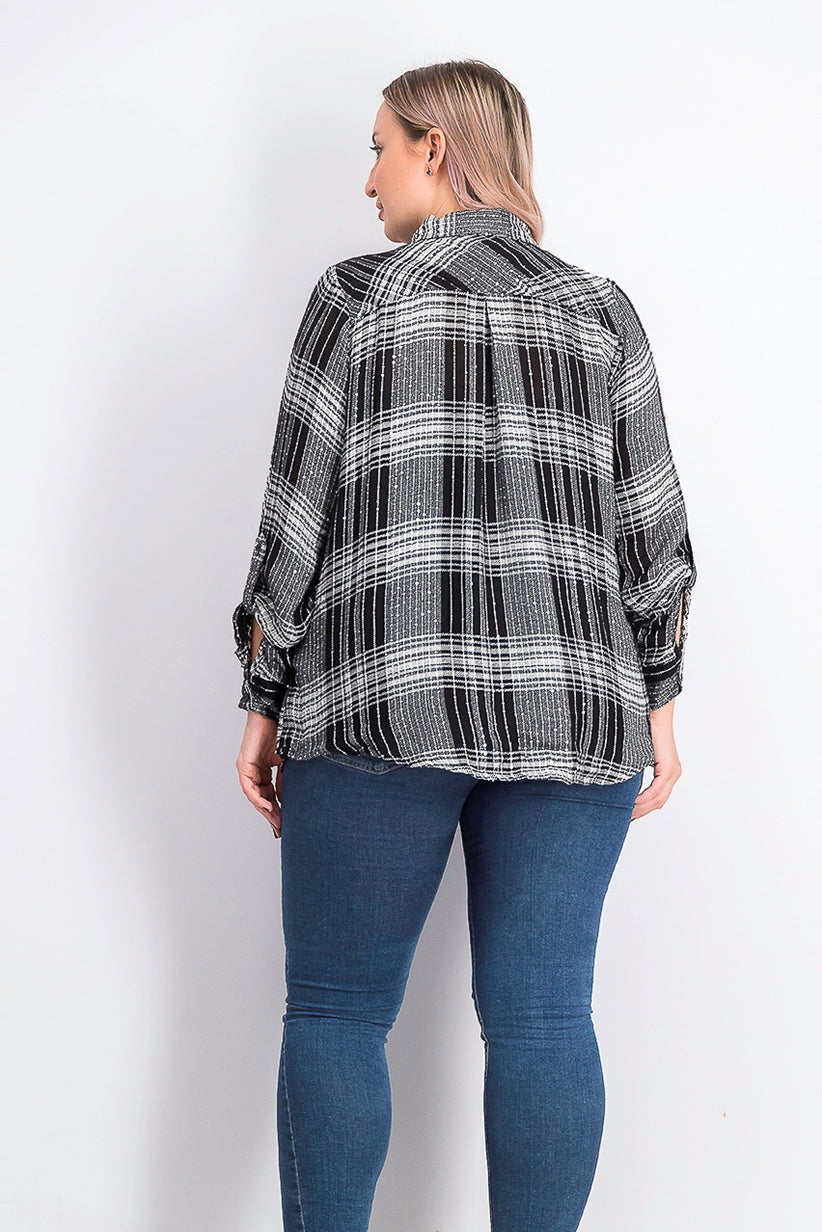 Camisa xadrez brilhante feminina Style &amp; Co, preta, tamanho extra pequeno