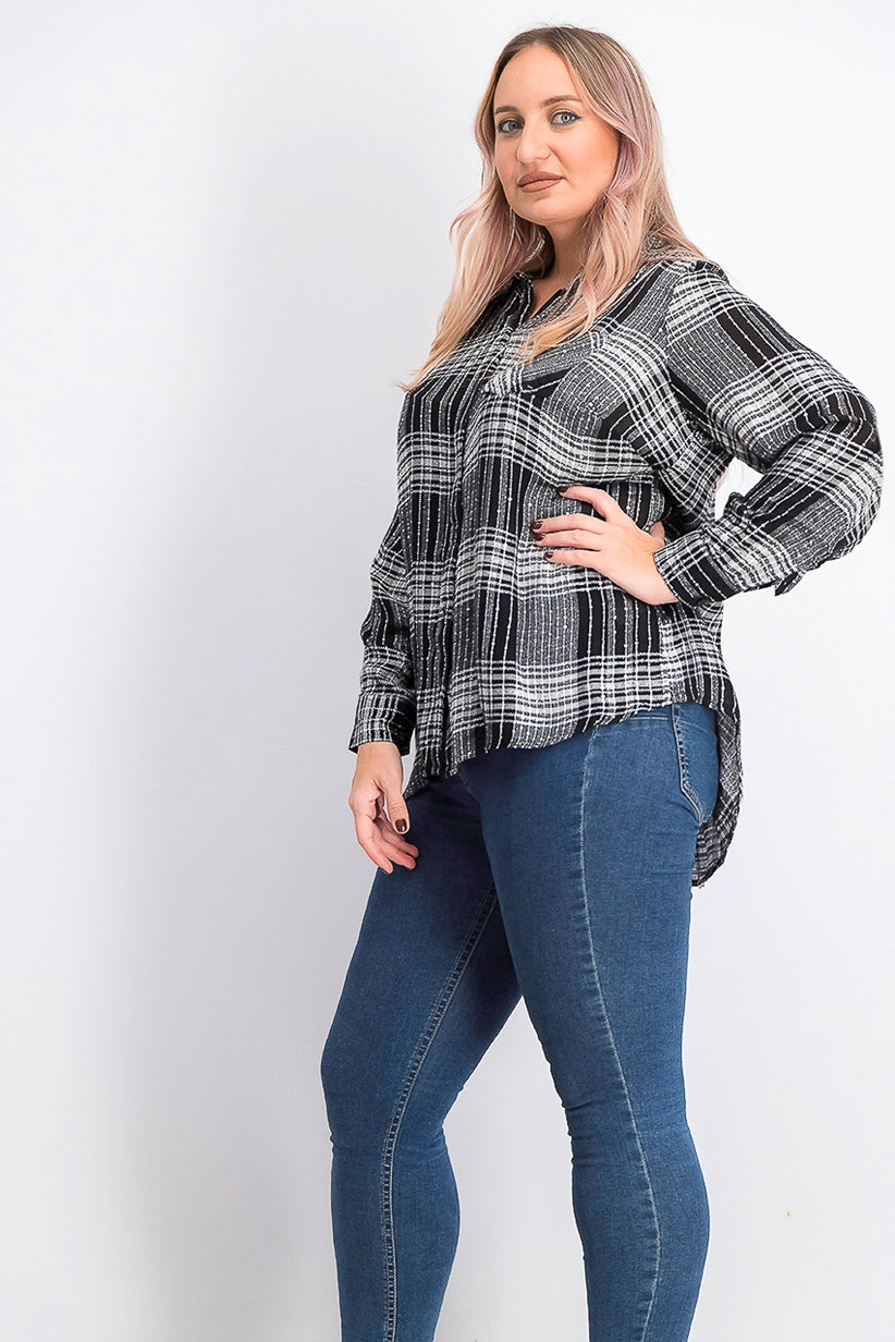 Camisa xadrez brilhante feminina Style &amp; Co, preta, tamanho extra pequeno