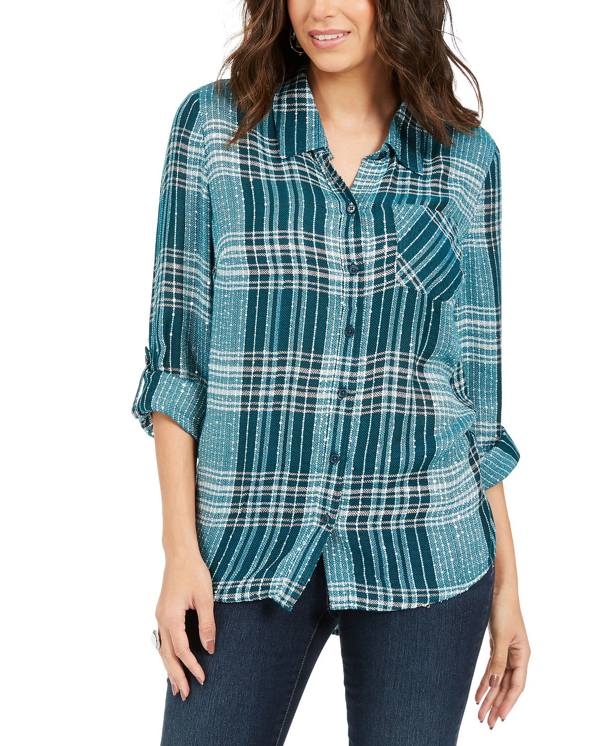 Camisa xadrez brilhante feminina Style &amp; Co, verde, tamanho pequeno