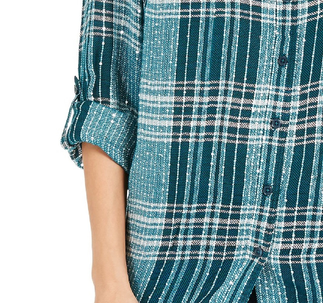 Camisa xadrez brilhante feminina Style &amp; Co, verde, tamanho pequeno