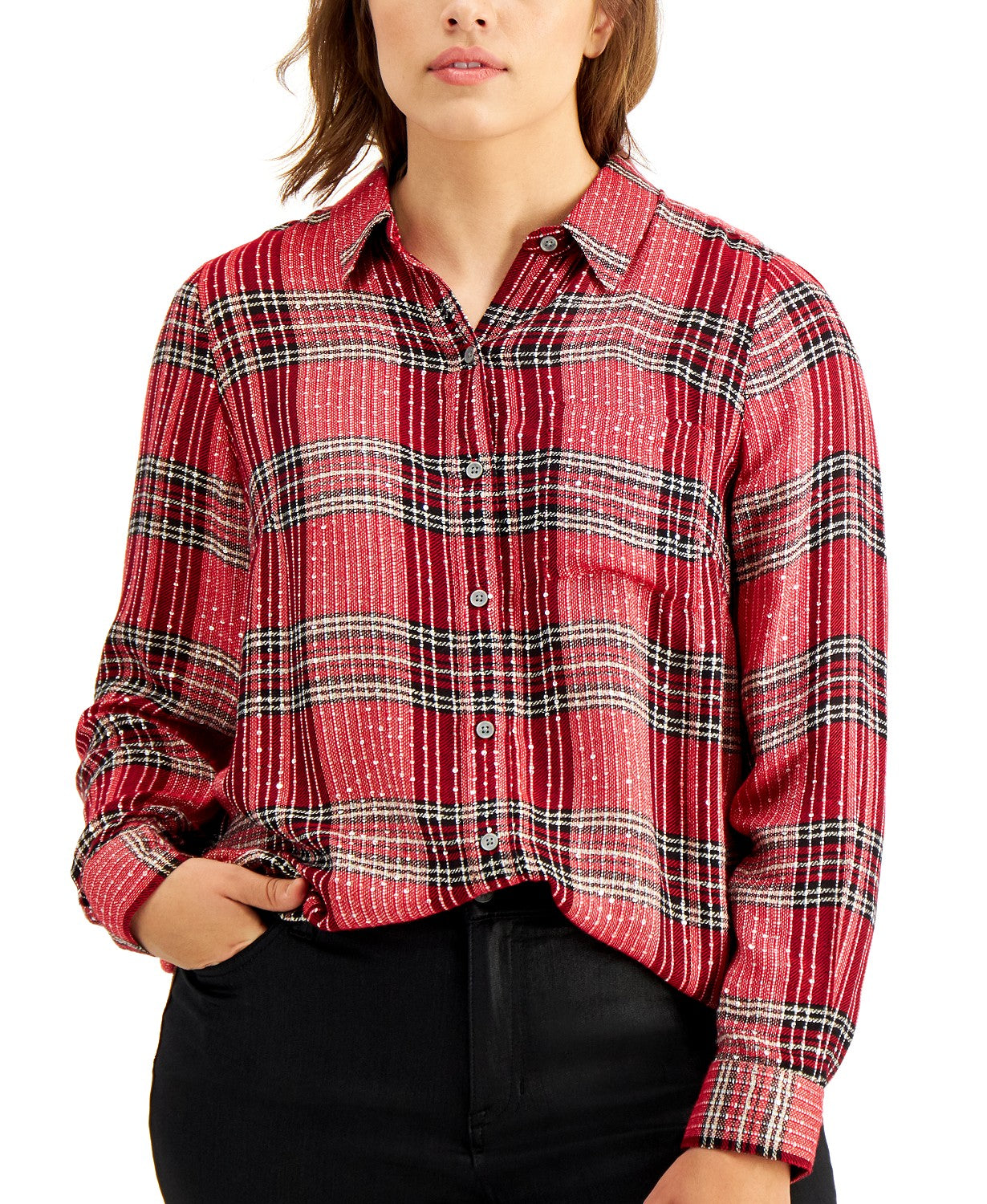 Camisa xadrez brilhante feminina Style &amp; Co vermelha tamanho extra pequeno