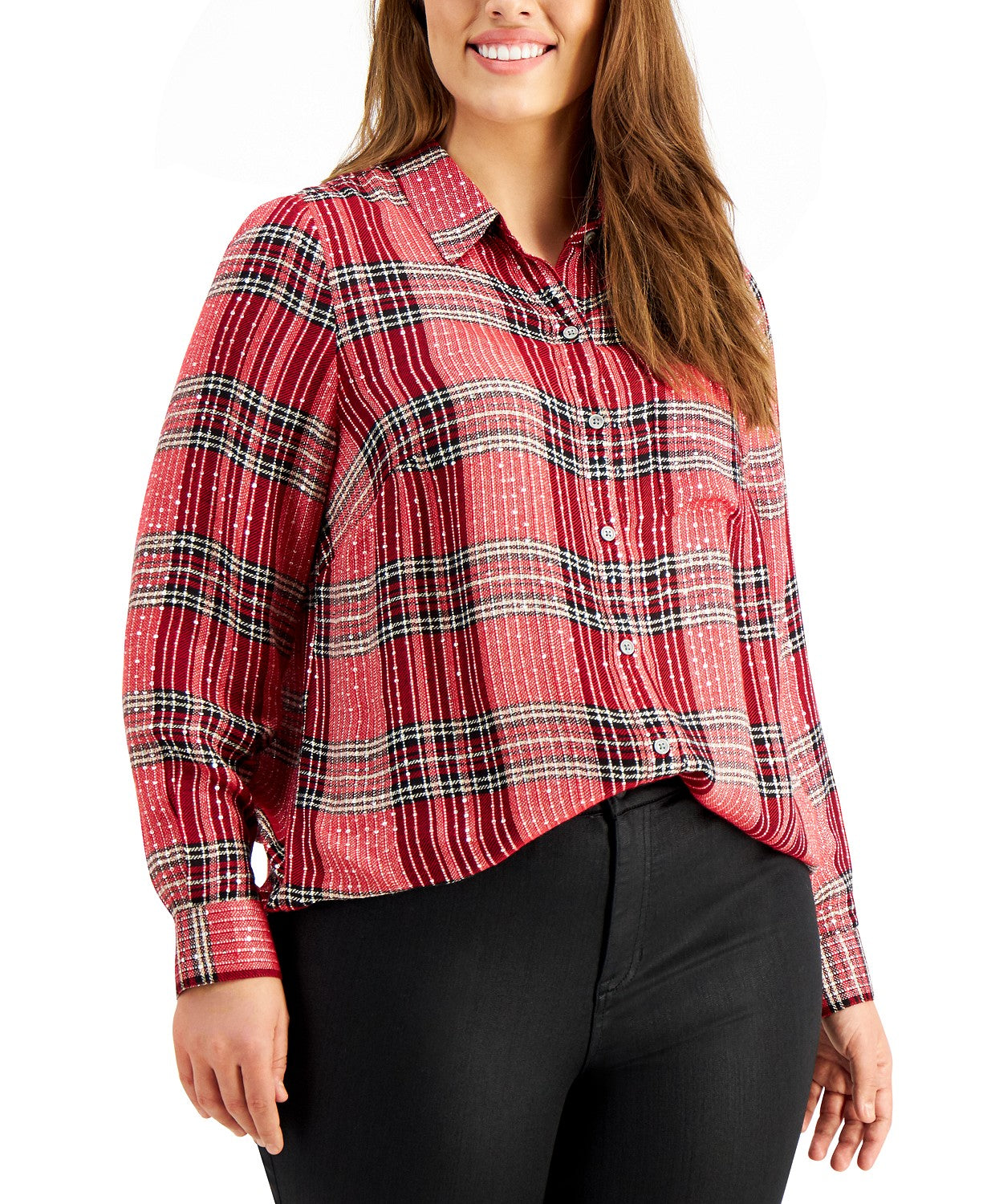 Camisa xadrez brilhante feminina Style &amp; Co vermelha tamanho extra pequeno