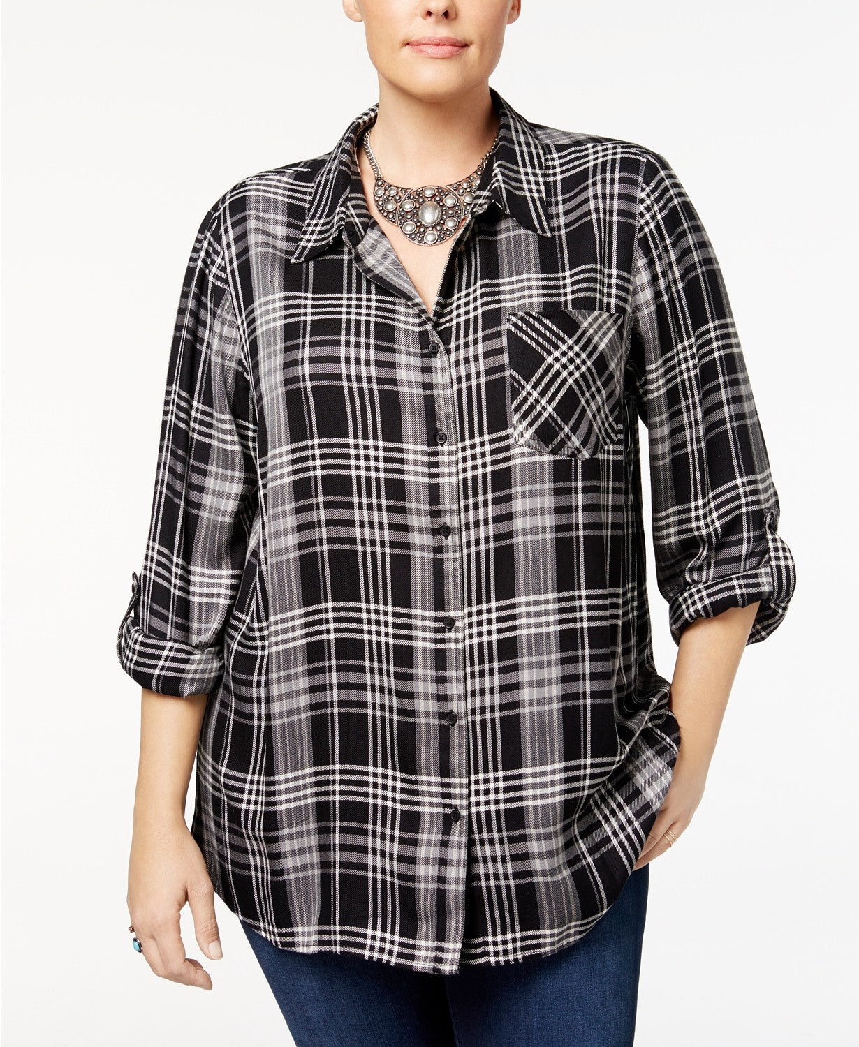 Camisa xadrez plus size feminina Style &amp; Co preta tamanho 0X