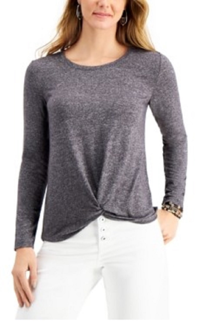 Blusa feminina de manga comprida e gola redonda, cor carvão, tamanho grande, estilo &amp; co