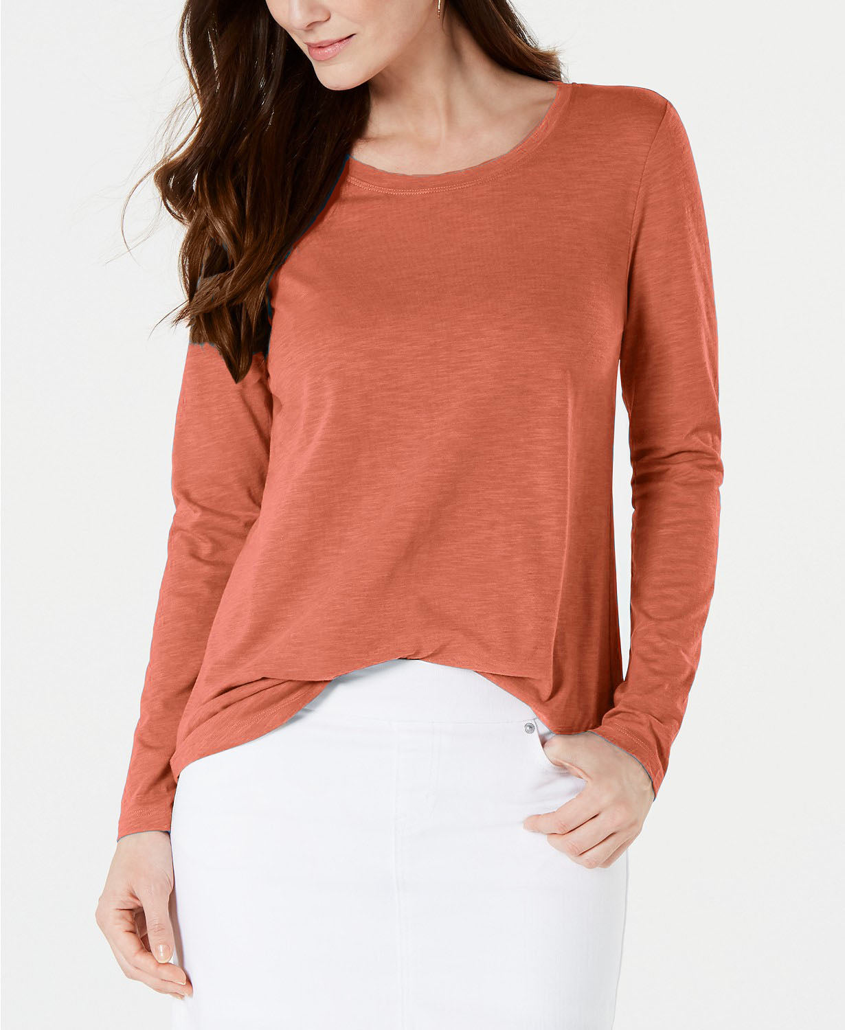 Blusa feminina de manga comprida e gola redonda Style &amp; Co, tamanho médio, laranja