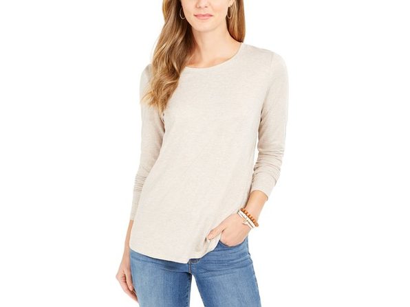 Blusa feminina de manga comprida e gola redonda Style &amp; Co, bege, tamanho pequeno