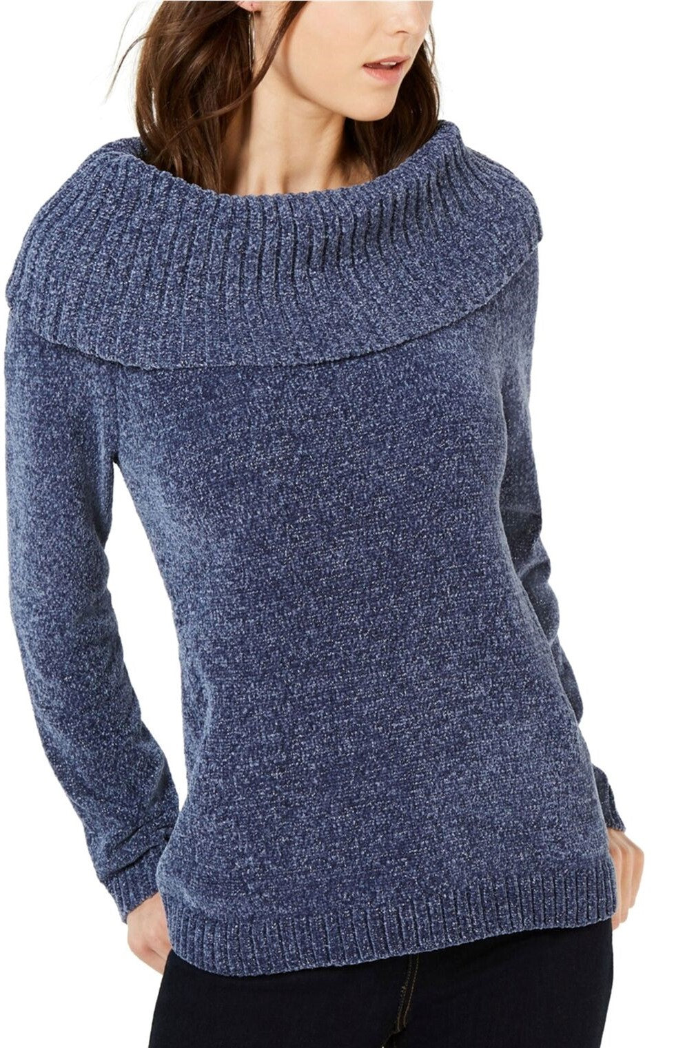 Suéter feminino de gola alta em chenille da INC International Concepts, tamanho grande, azul-marinho