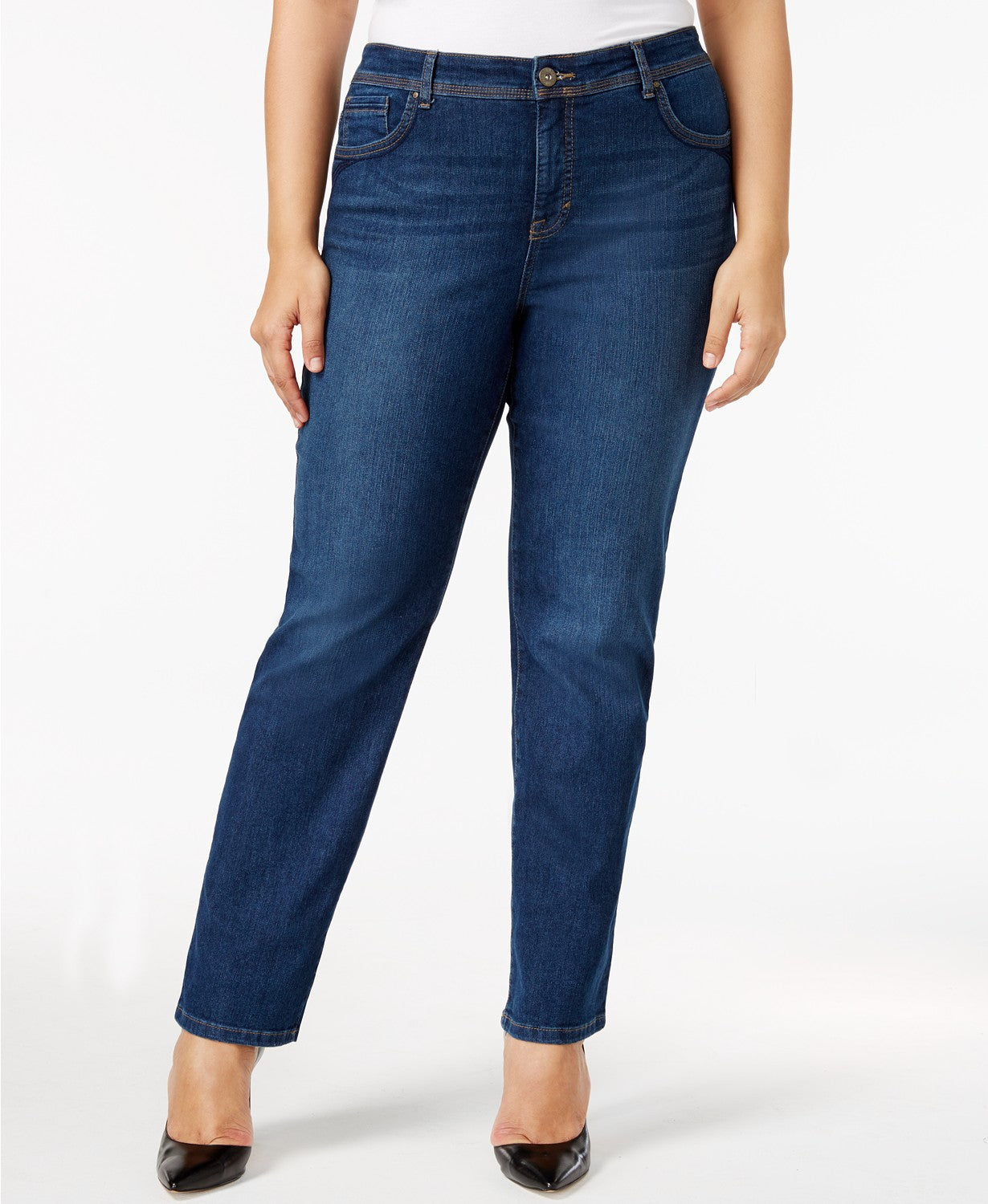 Jeans feminino plus size com controle de barriga e perna reta, estilo &amp; co, azul escuro, tamanho 24