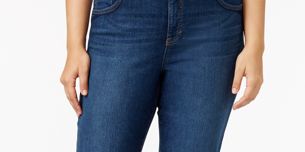 Jeans feminino plus size com controle de barriga e perna reta, estilo &amp; co, azul escuro, tamanho 24