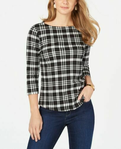 Charter Club Petite Pima Cotton Women's Top com estampa de botões e ombros, preto, tamanho pequeno