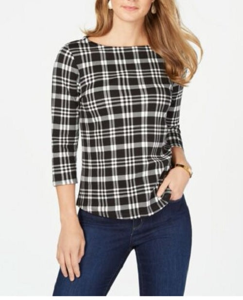 Blusa feminina Charter Club de algodão Pima com estampa de botões e ombros, preta, tamanho pequeno médio