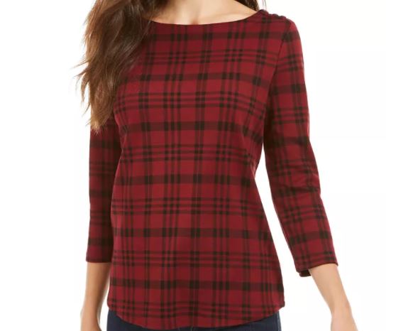 Charter Club Feminino Pima Algodão Botão Ombro Estampado Top Médio Vermelho Tamanho Pequeno Pequeno