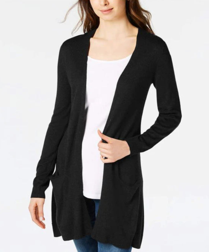 Cardigan feminino longo de malha aberta na frente, tamanho extra pequeno, preto, Maison Jules