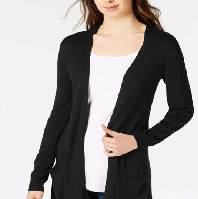 Cardigan feminino longo de malha aberta na frente, tamanho extra pequeno, preto, Maison Jules