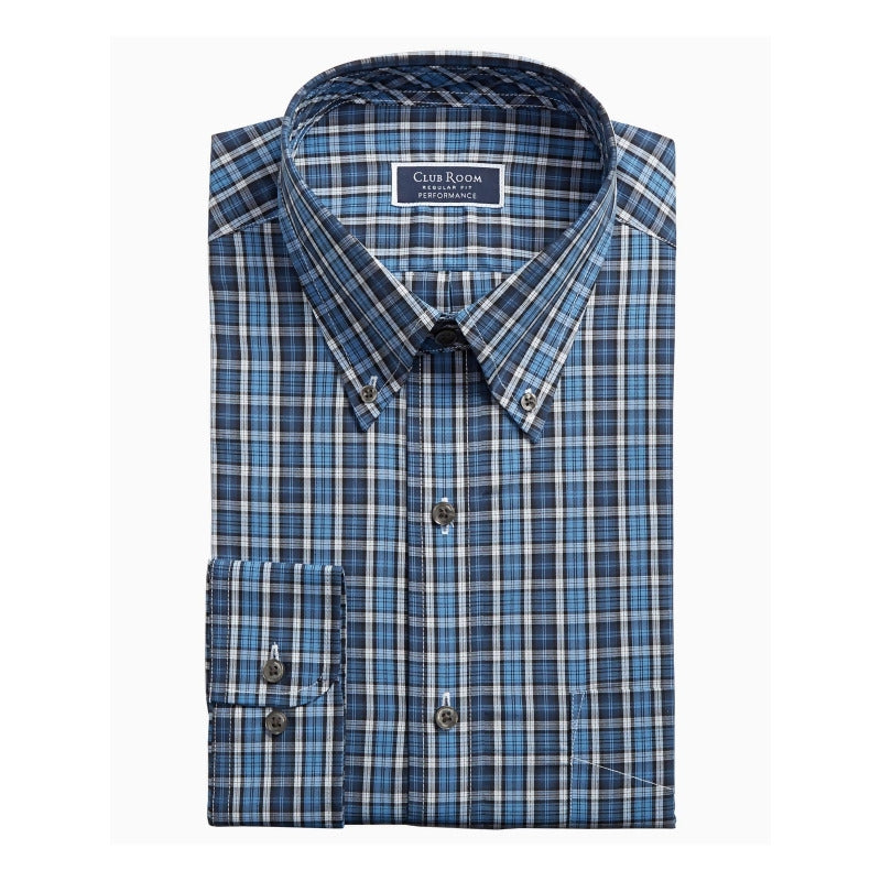 Camisa social masculina Club Room Classic/Regular Fit, xadrez elástico, com botões e gola baixa, azul, tamanho 32-33