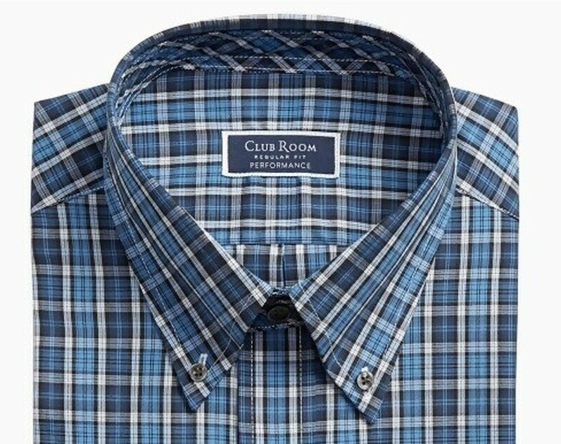 Camisa social masculina Club Room Classic/Regular Fit Stretch Blackwatch Tartan Azul Tamanho 32-33